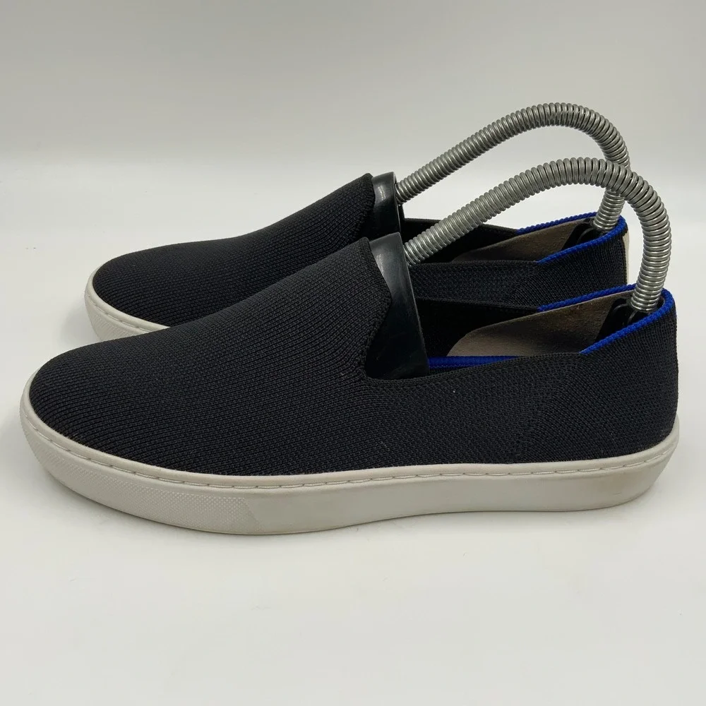Rothys The Sneaker Black Knit Slip On Shoes Blue Stripe Women 7
